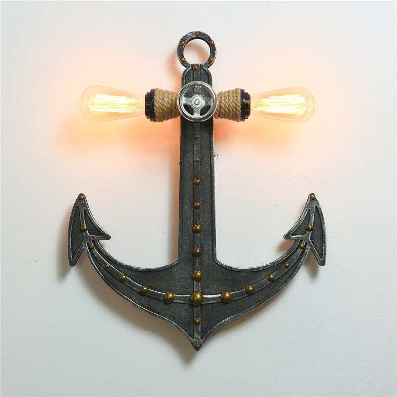 Iron Anchor Shaped Wall Lamp Art Deco 2 Bulbs Bedroom Sconce Light Fixture in Black