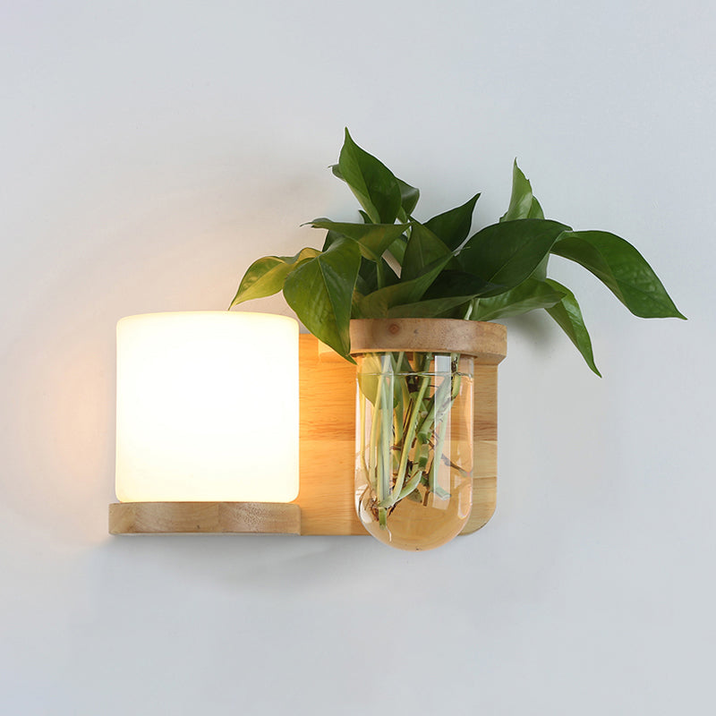 Cream Glass Cube Sconce Lamp Art Deco 1-Bulb Wood Wall Mount Light with Hydroponic Plant Pot