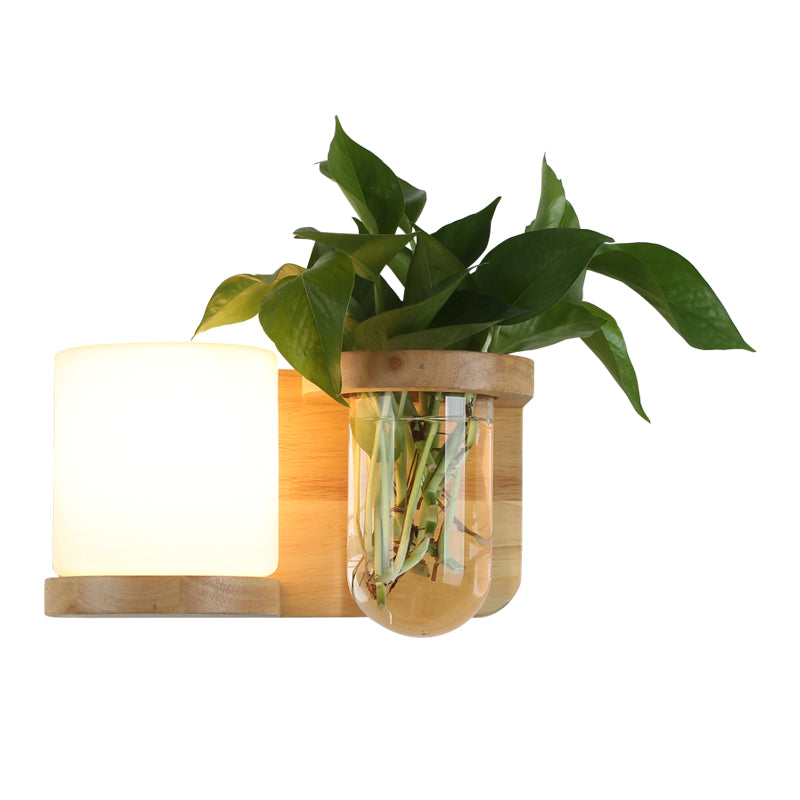 Cream Glass Cube Sconce Lamp Art Deco 1-Bulb Wood Wall Mount Light with Hydroponic Plant Pot