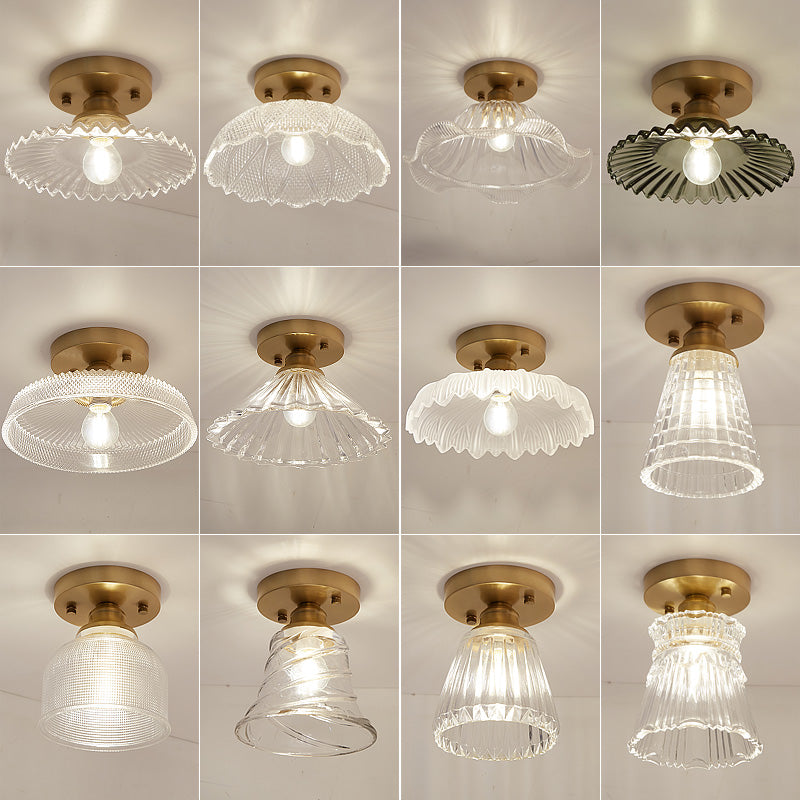 Industrial Small Ceiling Light Fixture 1-Light Textured Glass Semi Flush Mount in Brass for Aisle