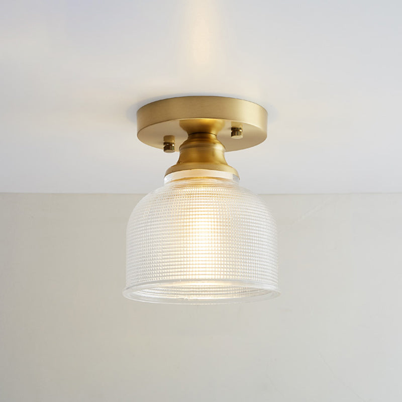 Industrial Small Ceiling Light Fixture 1-Light Textured Glass Semi Flush Mount in Brass for Aisle