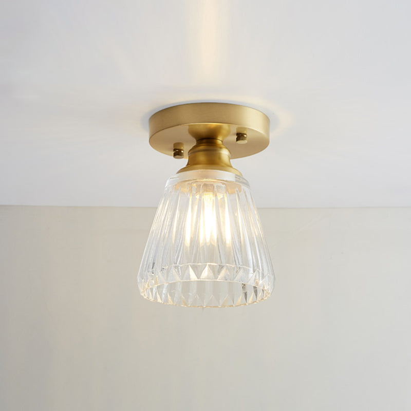 Industrial Small Ceiling Light Fixture 1-Light Textured Glass Semi Flush Mount in Brass for Aisle