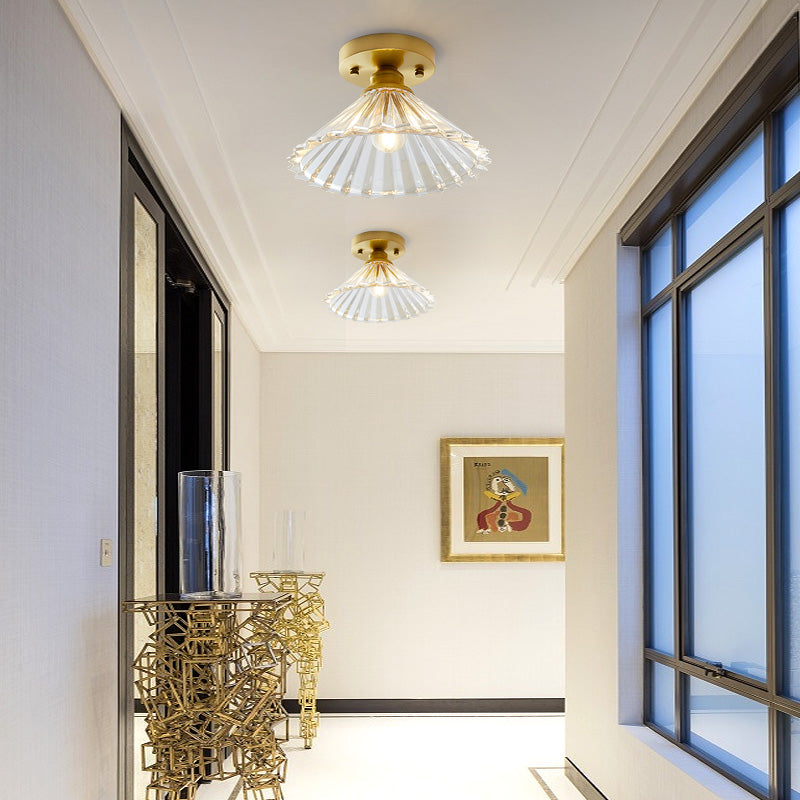 Industrial Small Ceiling Light Fixture 1-Light Textured Glass Semi Flush Mount in Brass for Aisle