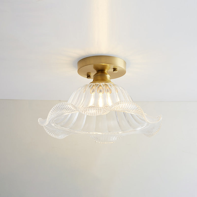 Industrial Small Ceiling Light Fixture 1-Light Textured Glass Semi Flush Mount in Brass for Aisle