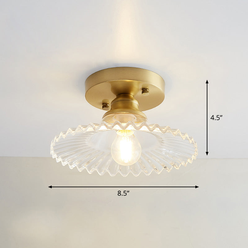Industrial Small Ceiling Light Fixture 1-Light Textured Glass Semi Flush Mount in Brass for Aisle