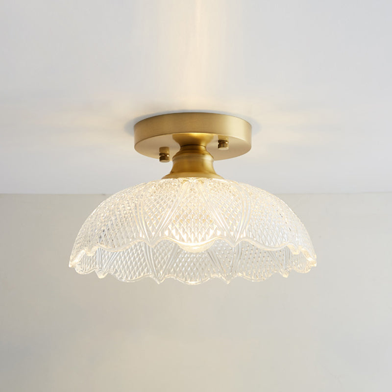 Industrial Small Ceiling Light Fixture 1-Light Textured Glass Semi Flush Mount in Brass for Aisle