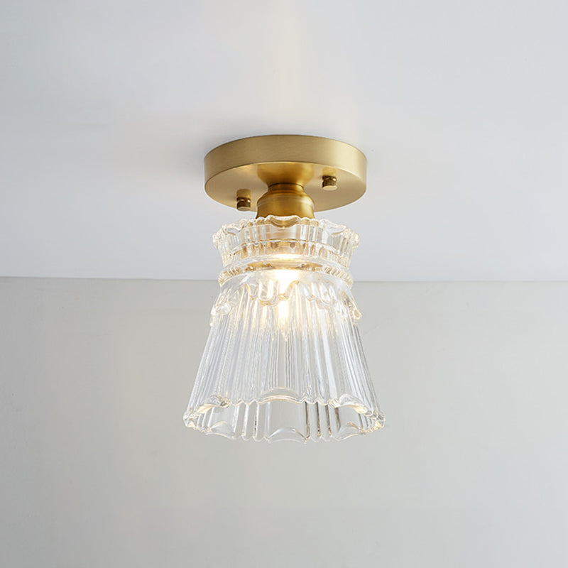 Industrial Small Ceiling Light Fixture 1-Light Textured Glass Semi Flush Mount in Brass for Aisle
