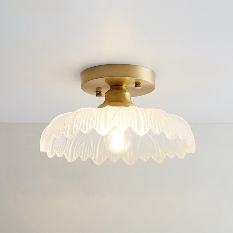 Industrial Small Ceiling Light Fixture 1-Light Textured Glass Semi Flush Mount in Brass for Aisle