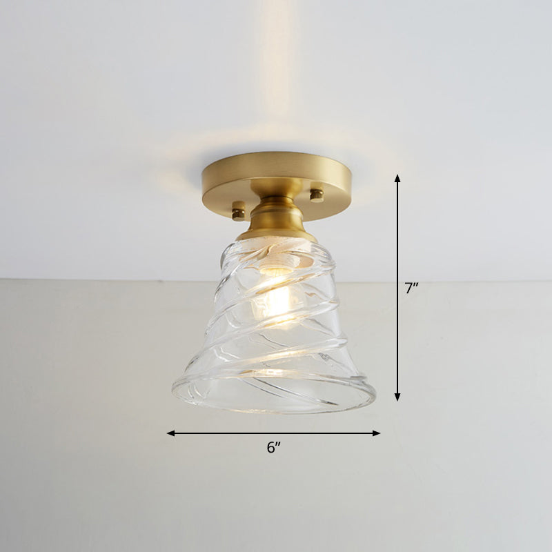 Industrial Small Ceiling Light Fixture 1-Light Textured Glass Semi Flush Mount in Brass for Aisle