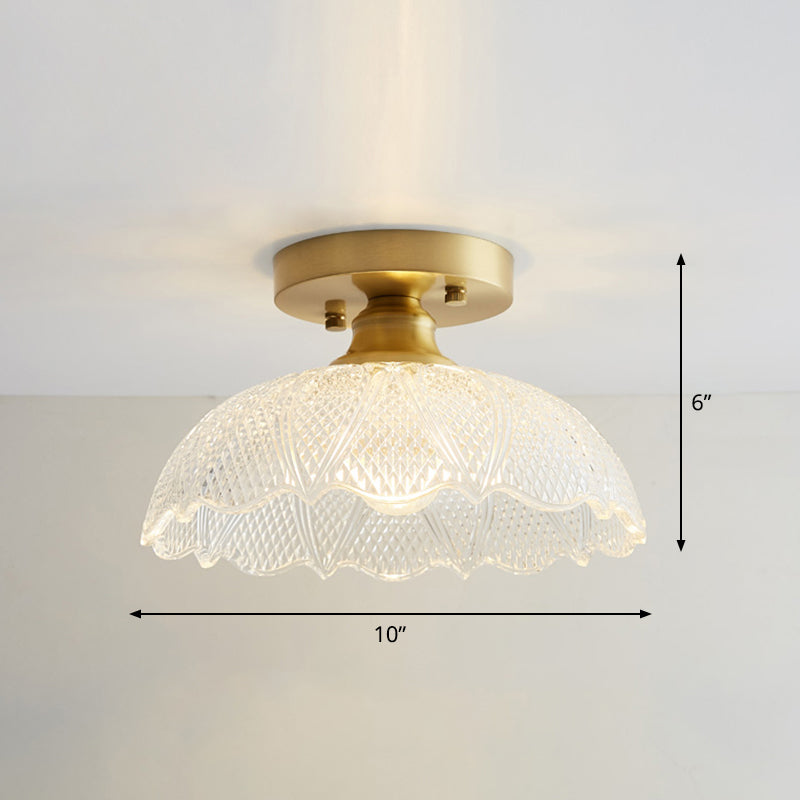 Industrial Small Ceiling Light Fixture 1-Light Textured Glass Semi Flush Mount in Brass for Aisle