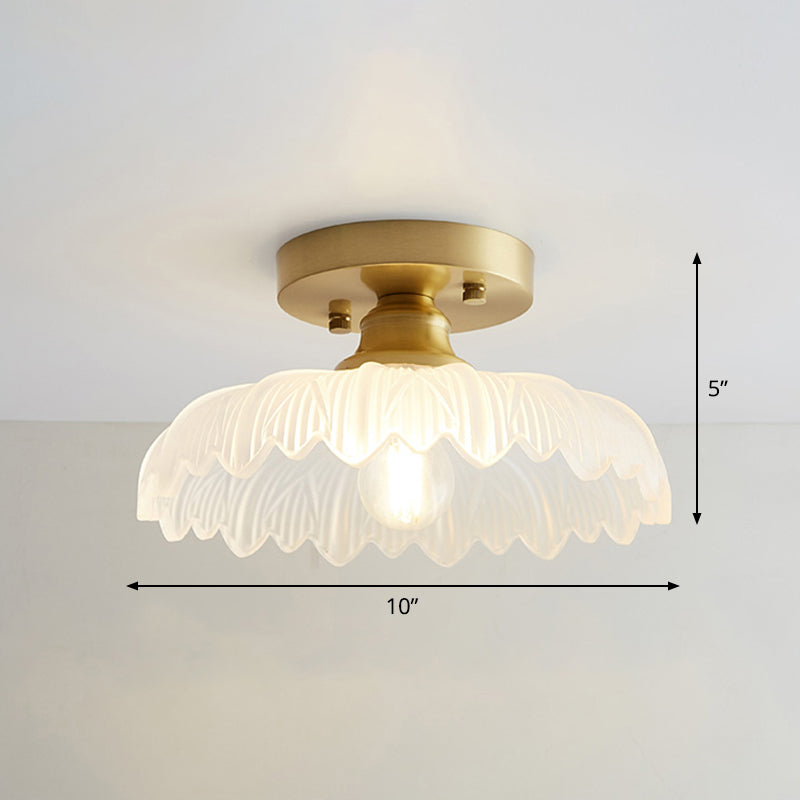 Industrial Small Ceiling Light Fixture 1-Light Textured Glass Semi Flush Mount in Brass for Aisle