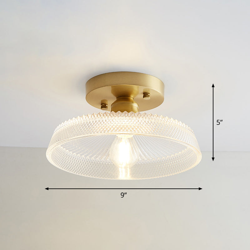Industrial Small Ceiling Light Fixture 1-Light Textured Glass Semi Flush Mount in Brass for Aisle