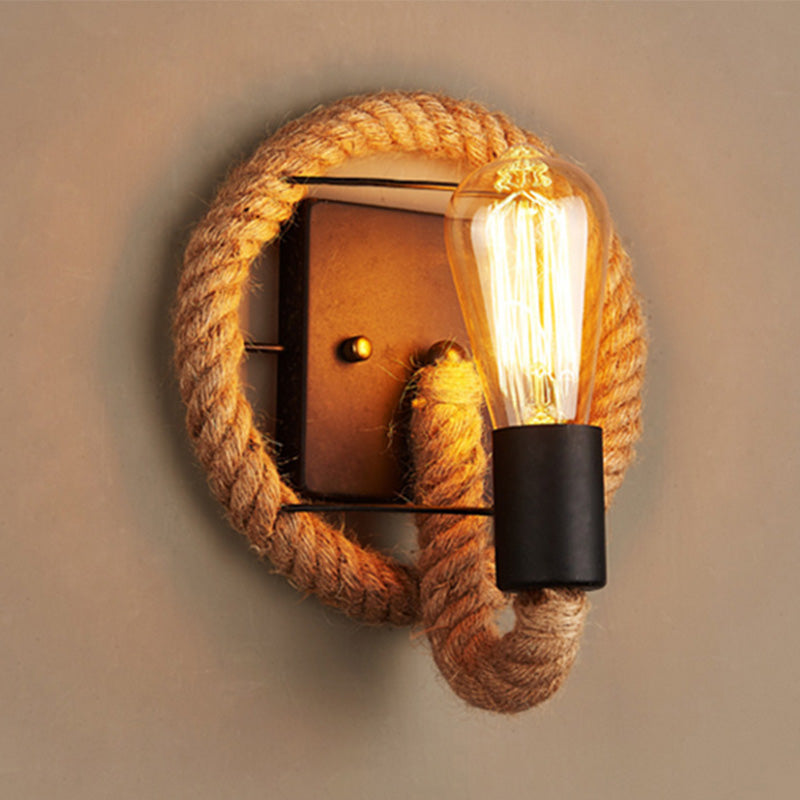 Loop Shaped Rope Wall Sconce Rustic 1-Head Corridor Wall Light with Bare Bulb Design in Wood