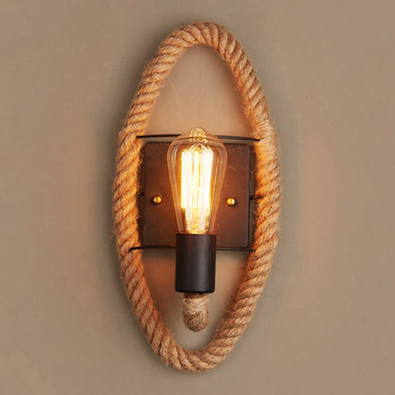 Loop Shaped Rope Wall Sconce Rustic 1-Head Corridor Wall Light with Bare Bulb Design in Wood