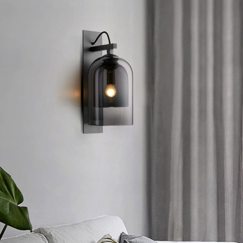 1 Bulb Living Room Sconce Fixture Mid-Century Black Wall Light with Dual Dome Glass Shade