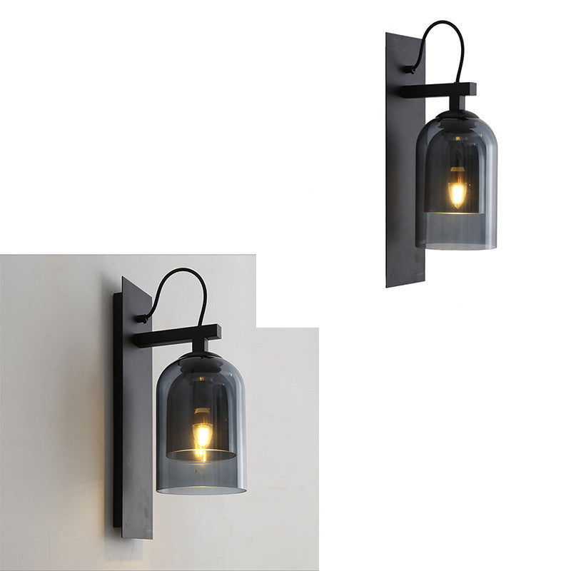 1 Bulb Living Room Sconce Fixture Mid-Century Black Wall Light with Dual Dome Glass Shade