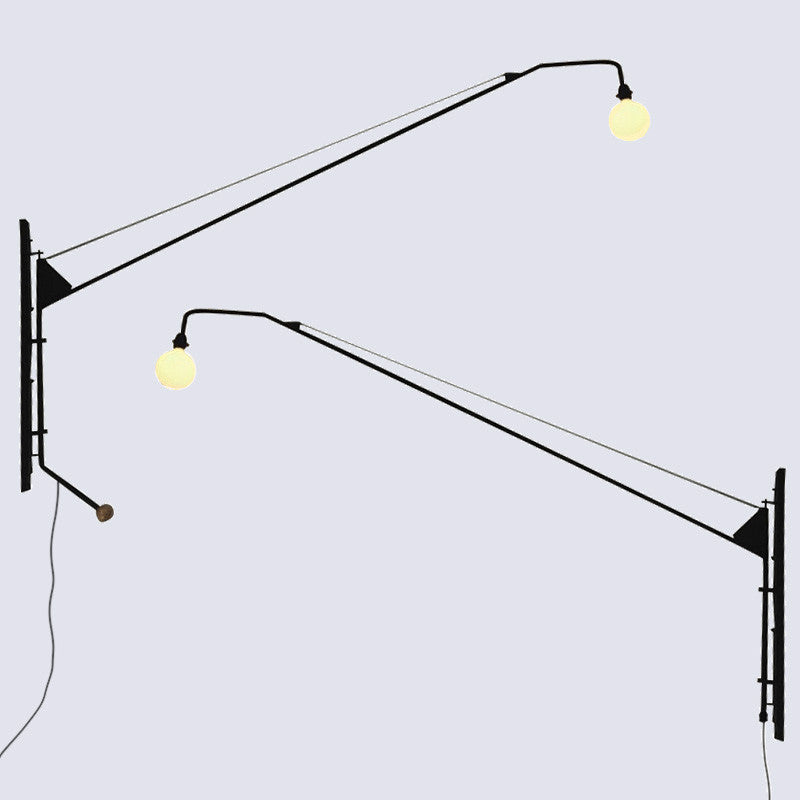 1 Bulb Fishing Rod Wall Lamp Fixture Industrial Black Metal Sconce Light with Open Bulb Design