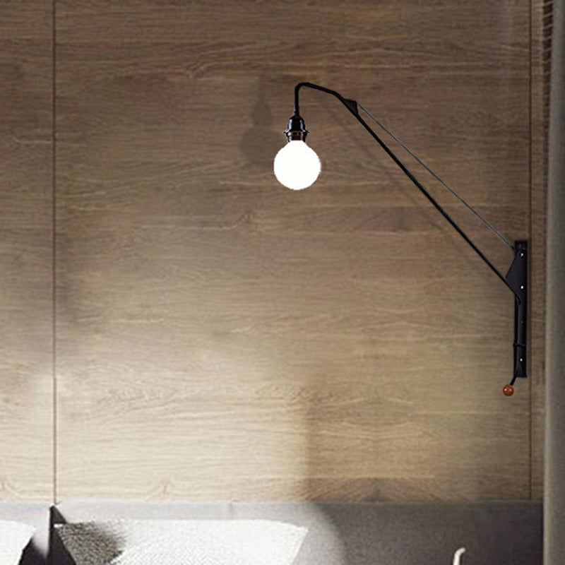 1 Bulb Fishing Rod Wall Lamp Fixture Industrial Black Metal Sconce Light with Open Bulb Design