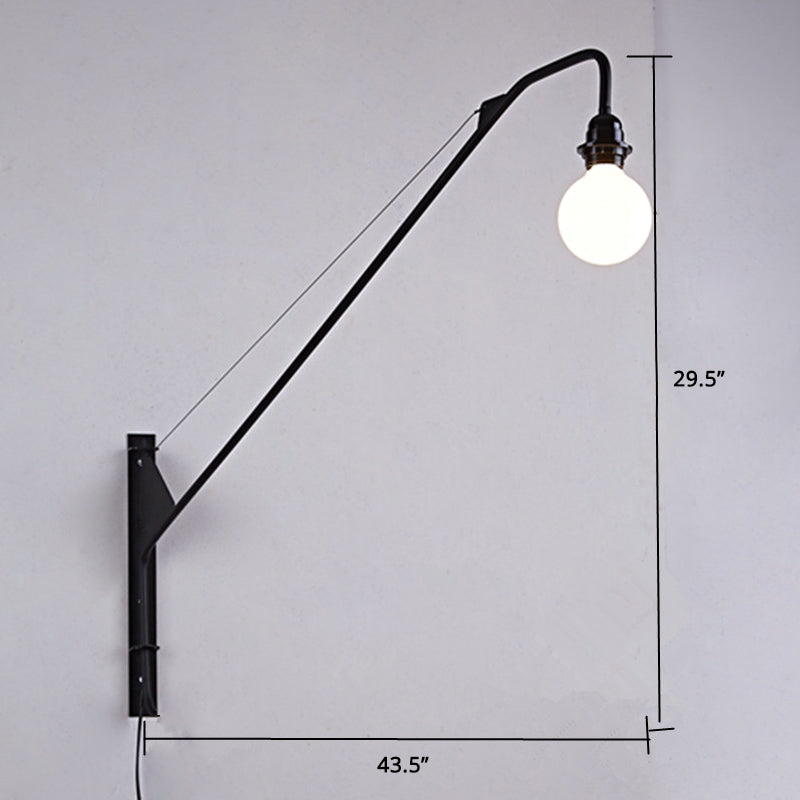 1 Bulb Fishing Rod Wall Lamp Fixture Industrial Black Metal Sconce Light with Open Bulb Design