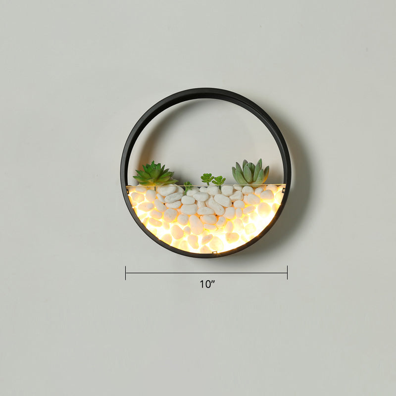Loop Shaped Wall Sconce Light Decorative Metal Bedroom LED Wall Light with Faux Succulents and Pebbles