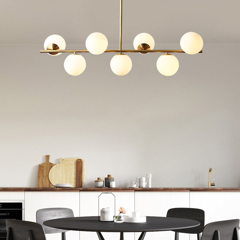 Spherical Dining Room Suspension Lamp Cream Glass 7-Head Postmodern Island Light in Gold