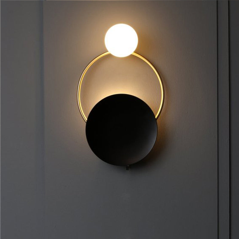 Postmodern Creative Circle Wall Sconce Cream Glass 1 Head Corridor Wall Light in Black-Brass