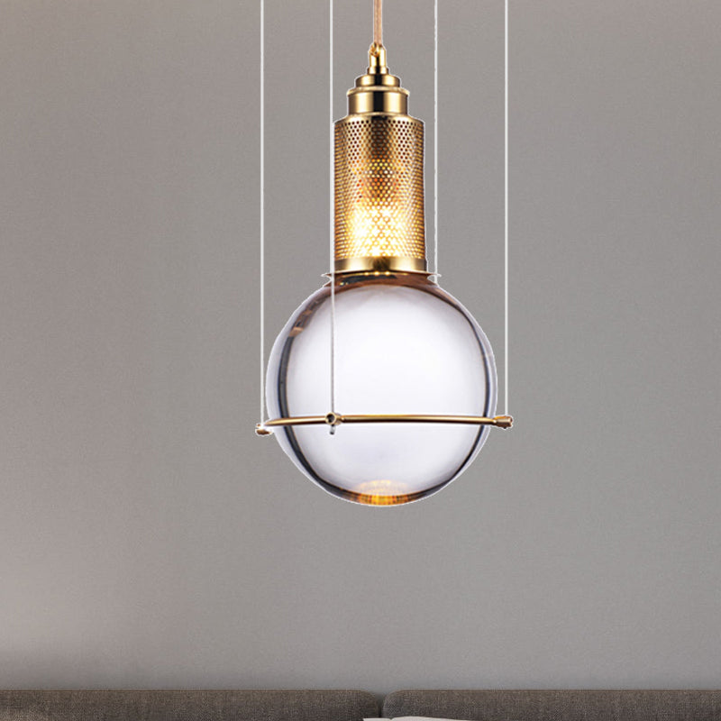 Lámpara colgante de bola moderna Cristal transparente 1 Lámpara LED de dormitorio LED con jaula de malla dorada en luz cálida/blanca