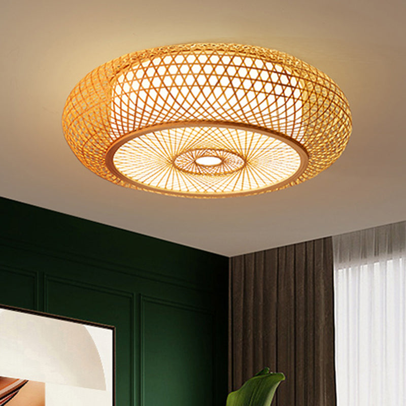 Criss-Cross geweven bamboe plafondlamp Aziatische 1-bulb houten vlakke montage verlichtingsarmatuur voor slaapkamer