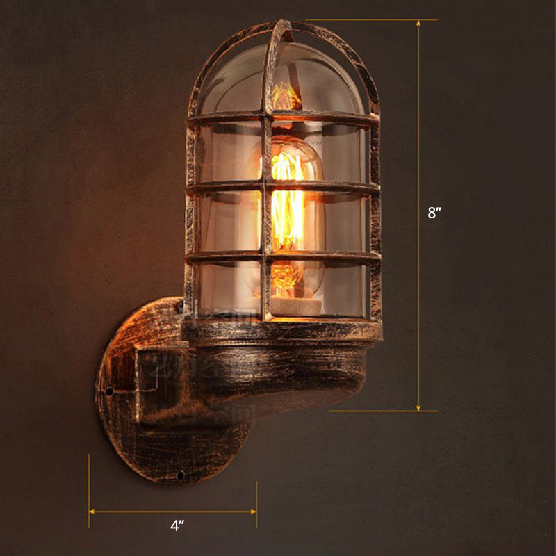 Half-Capsule Caged Glass Wall Lamp Industrial 1 Bulb Bathroom Sconce Lighting Fixture