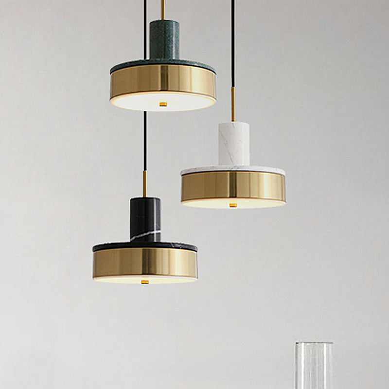 Lámpara colgante de tambor de metal contemporáneo 1 luz de techo colgante de LED negro/blanco/verde oscuro para comedor