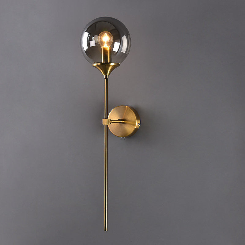 Brass Pencil Arm Wall Lamp Postmodern 1 Head Metal Sconce Light with Ball Glass Shade