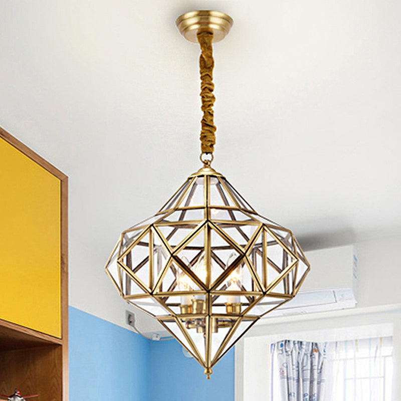 Lámpara de lámpara geométrica de vidrio transparente Retro 3 bulbos accesorio de iluminación colgante de latón para dormitorio