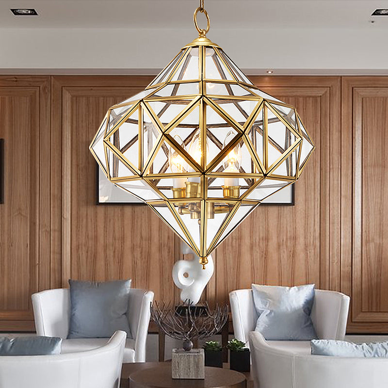 Clear Glass Geometrical Chandelier Lamp Retro 3 Bulbs Brass Pendant Lighting Fixture for Bedroom