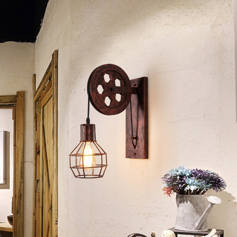 Spherical Wire Cage Foyer Wall Light Rustic Iron 1-Light Bedroom Wall Mount Lamp with Pulley