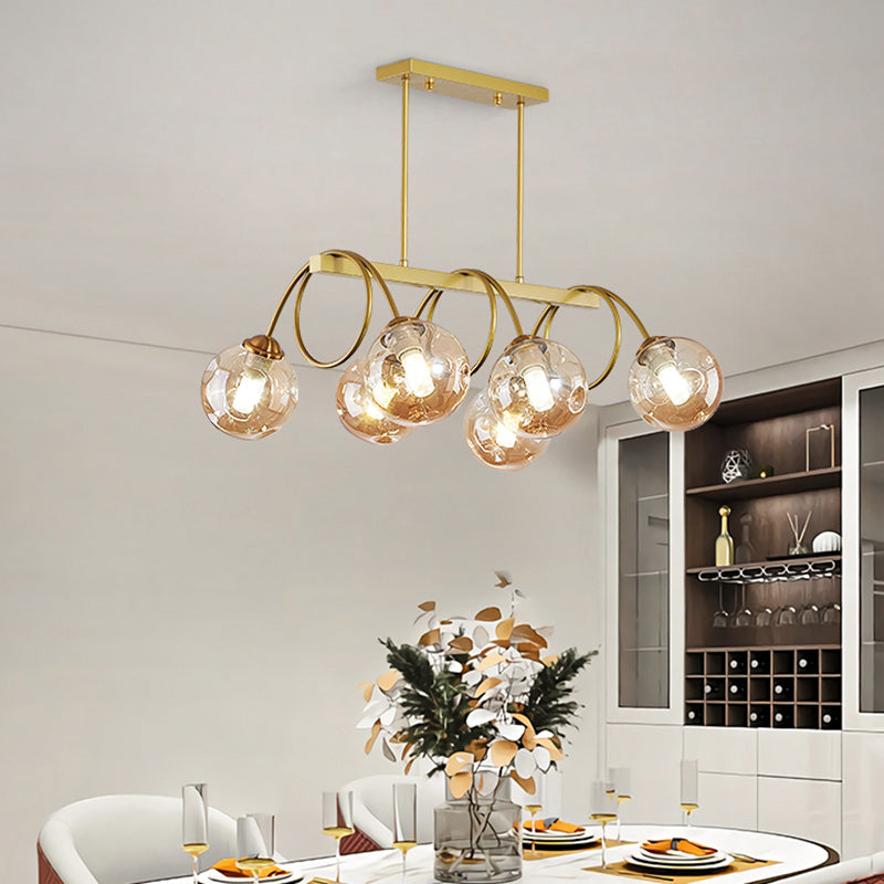 Gold Finish Spiral Island Light Post-Modern Metal Ceiling Hang Lamp with Ball Dimpled Glass Shade