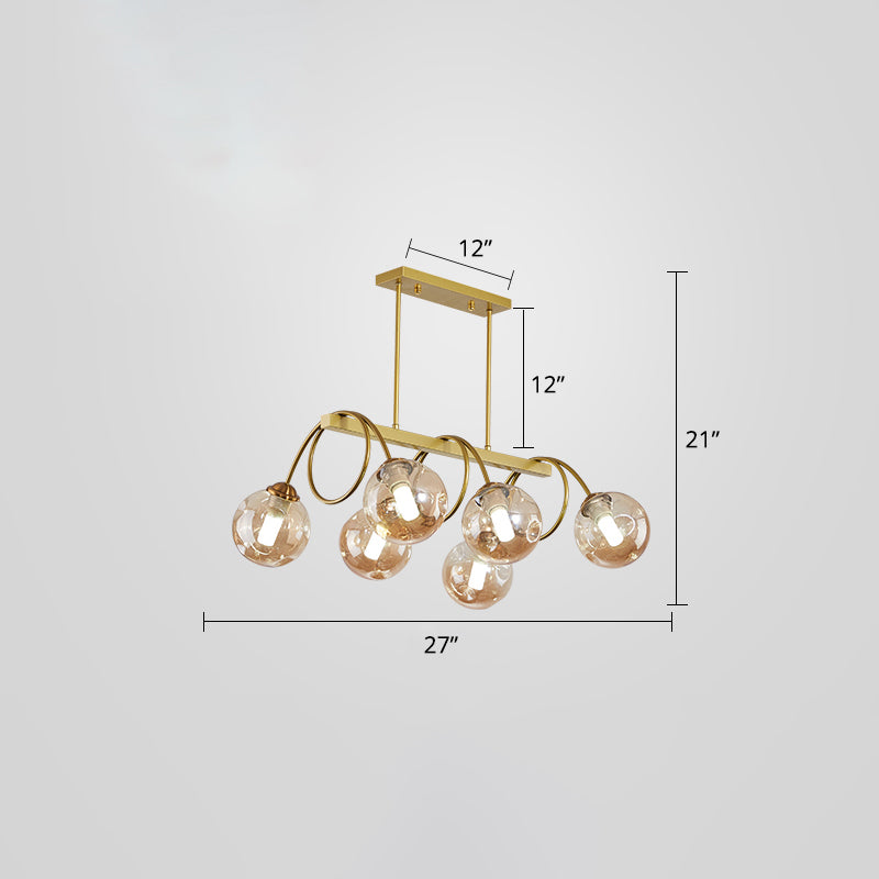 Gold Finish Spiral Island Light Post-Modern Metal Ceiling Hang Lamp with Ball Dimpled Glass Shade