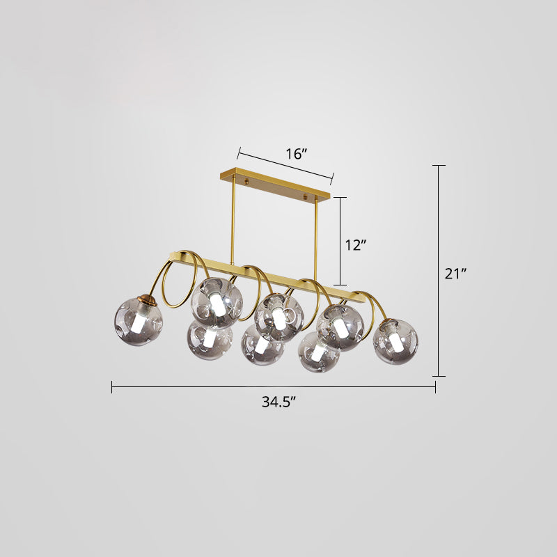 Gold Finish Spiral Island Light Post-Modern Metal Ceiling Hang Lamp with Ball Dimpled Glass Shade