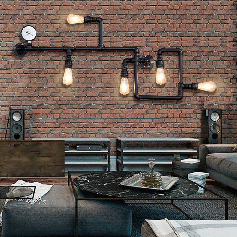 5-Head Wall Sconce Lighting Industrial Water Pipe and Pressure Gauge Metal Wall Light for Restaurant