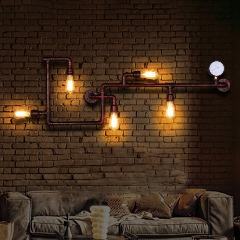 5-Head Wall Sconce Lighting Industrial Water Pipe and Pressure Gauge Metal Wall Light for Restaurant