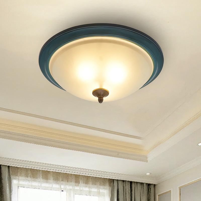 Frosted White Glass Bowl Flush Light Rustic 3-Light Bedroom Ceiling Lamp in Blue