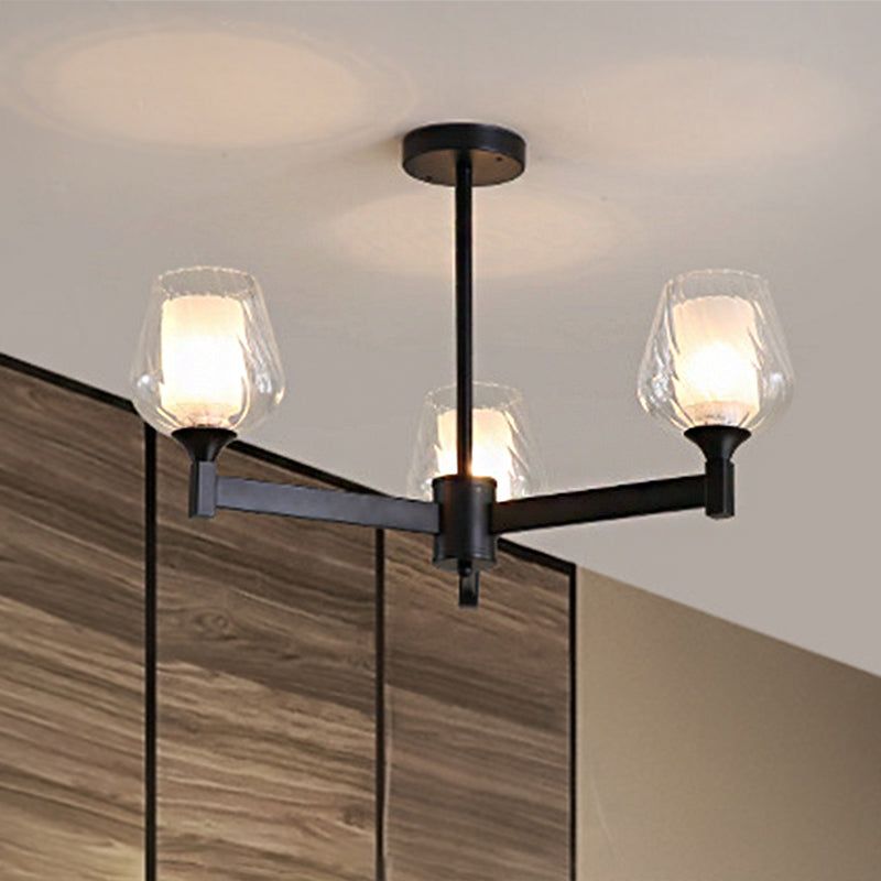 3/6/8 Lights Chandelier Light Cylinder Clear Textured Glass Traditional Dining Room Ceiling Lamp in Black