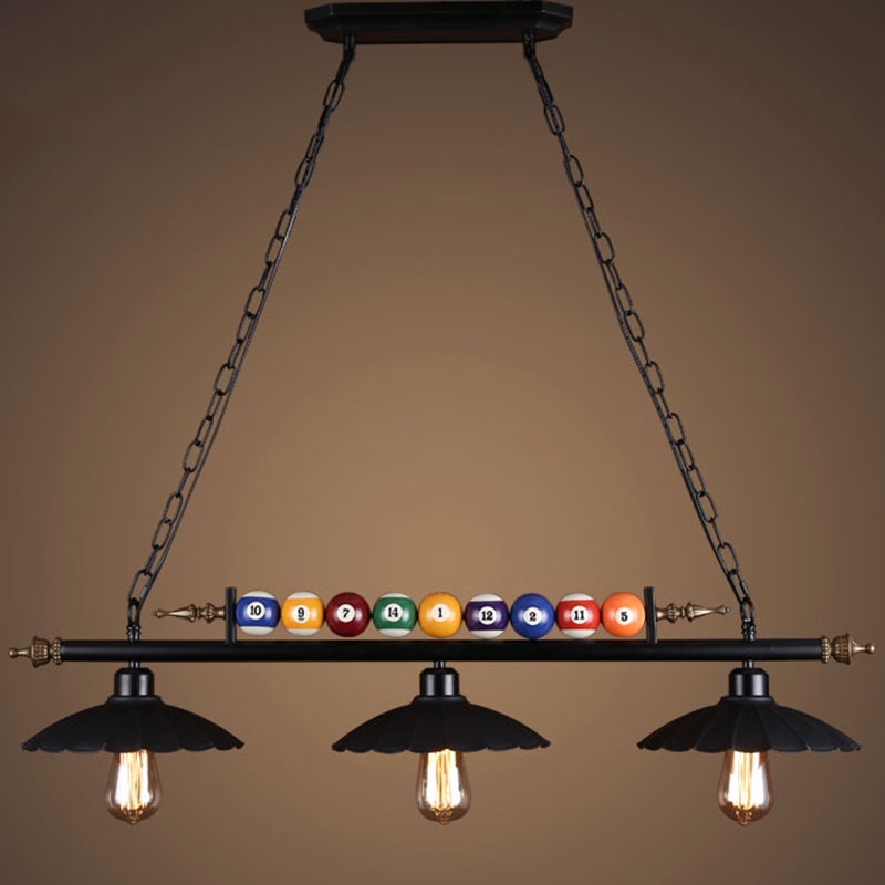 Black 3-Light Suspension Lamp Industrial Metal Linear Island Light with Shade and Billiard Balls