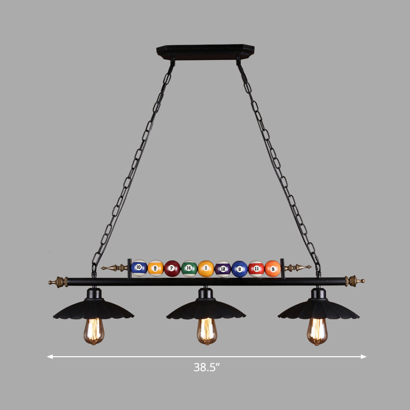 Black 3-Light Suspension Lamp Industrial Metal Linear Island Light with Shade and Billiard Balls
