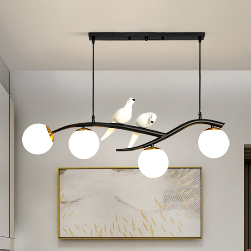 Postmodern 4-Bulb Island Lamp Tree Branch Hanging Light with Ball Glass Shade and Bird Deco