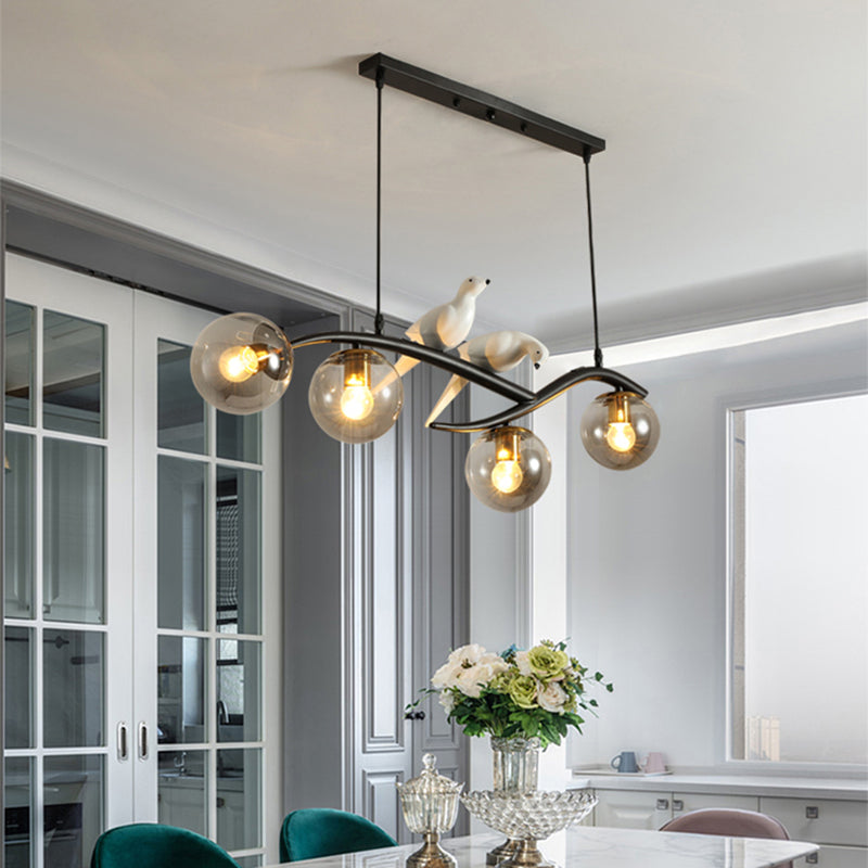 Postmodern 4-Bulb Island Lamp Tree Branch Hanging Light with Ball Glass Shade and Bird Deco