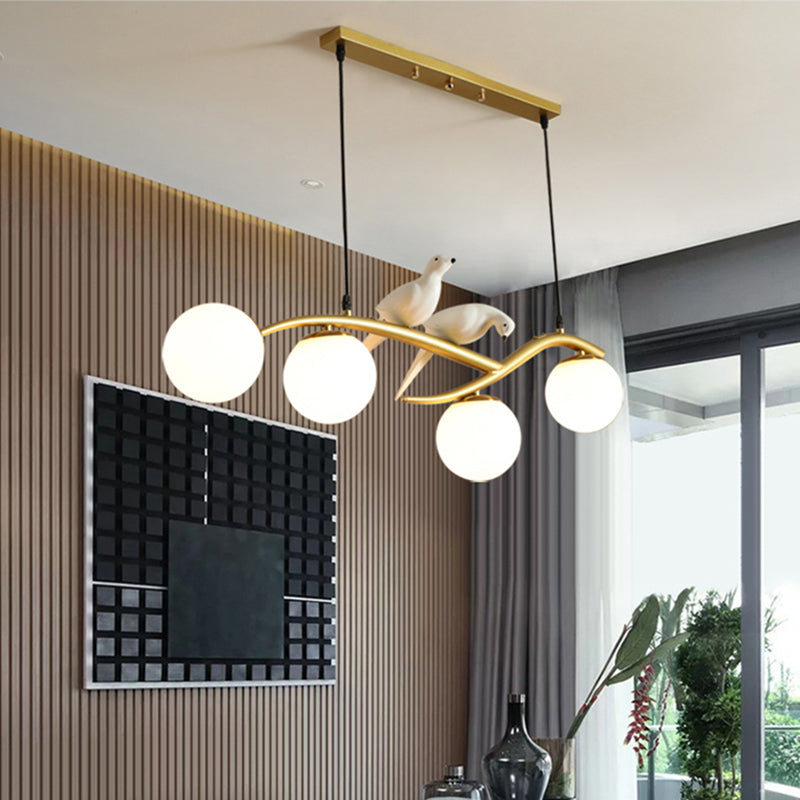 Postmodern 4-Bulb Island Lamp Tree Branch Hanging Light with Ball Glass Shade and Bird Deco