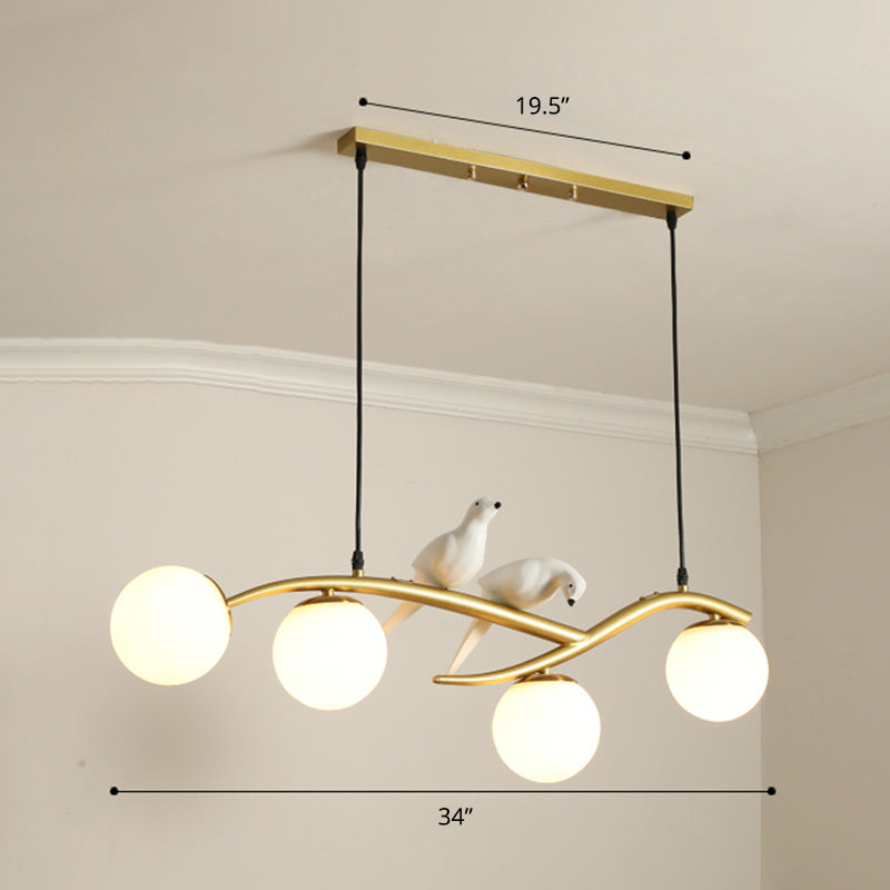 Postmodern 4-Bulb Island Lamp Tree Branch Hanging Light with Ball Glass Shade and Bird Deco