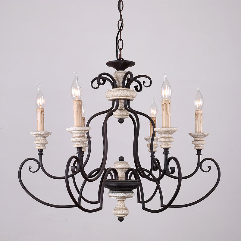 Traditional Candle-Style Hanging Lamp 6 Bulbs Metal Chandelier Light Fixture in Black