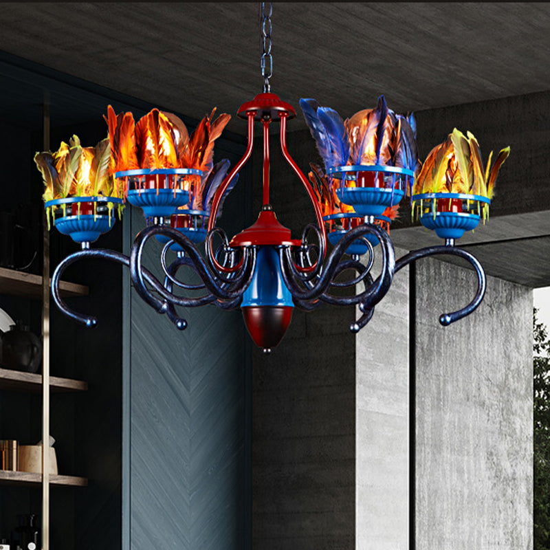 6 Lights Chandelier Lighting Fixture Antique Feather Metal Ceiling Suspension Lamp in Orange-Blue for Restaurant