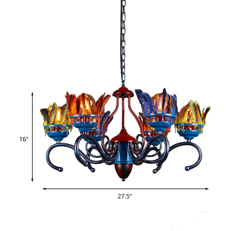 6 Lights Chandelier Lighting Fixture Antique Feather Metal Ceiling Suspension Lamp in Orange-Blue for Restaurant